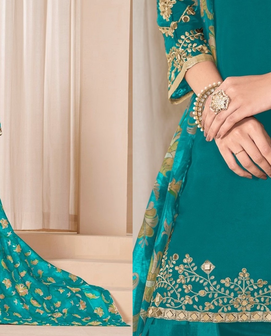 225-blue - Mirror Work Teal Embroidered Punjabi Suit